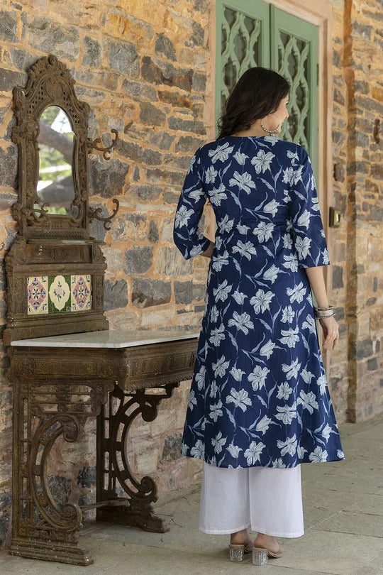Blue Floral Printed cotton Princess Cut A-Line Kurti Top ( Top Only)
