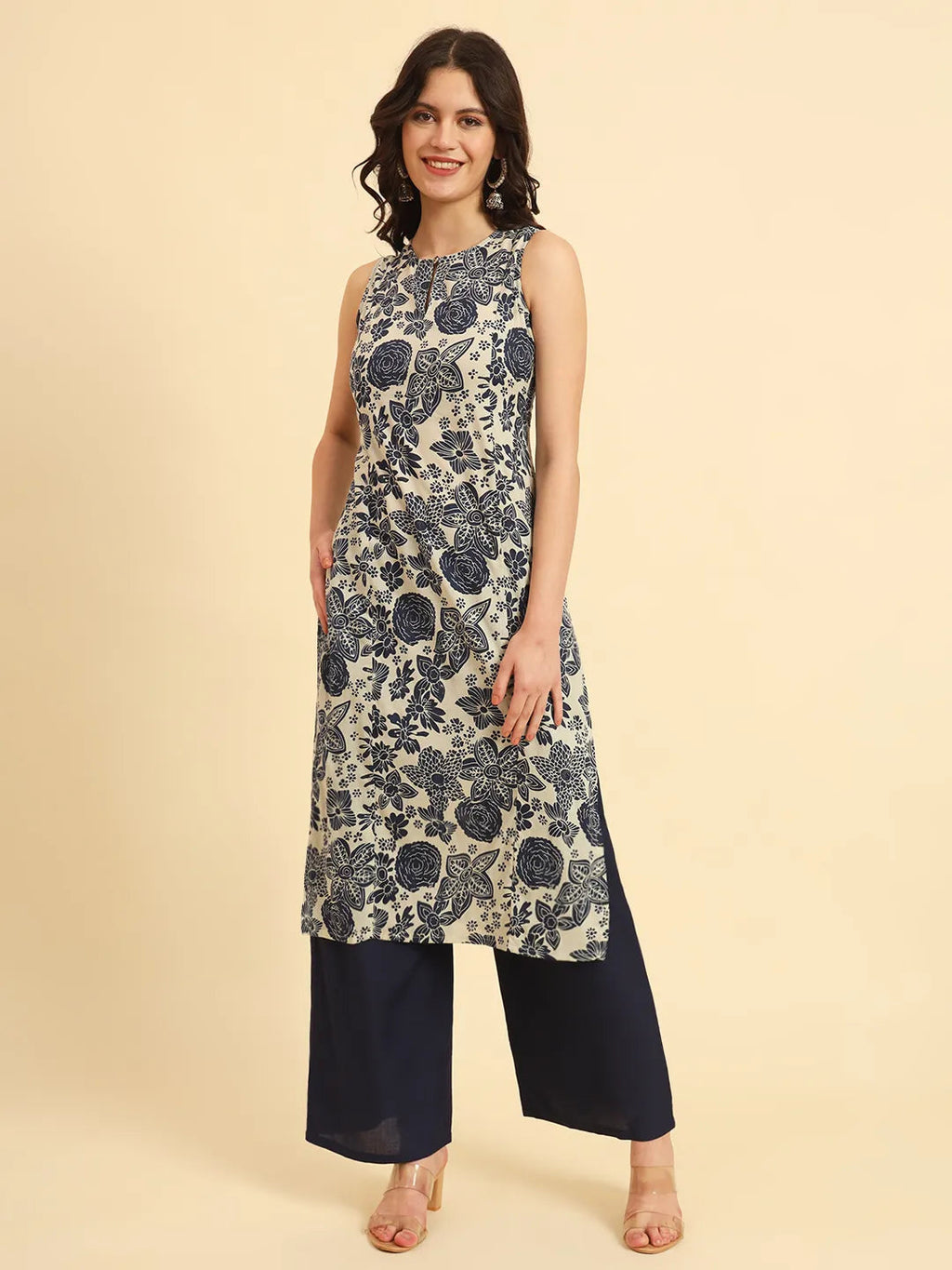 Navy Printed Cotton  Kurti Top (Top Only)