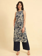 Navy Printed Cotton  Kurti Top (Top Only)