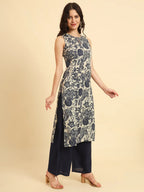 Navy Printed Cotton  Kurti Top (Top Only)