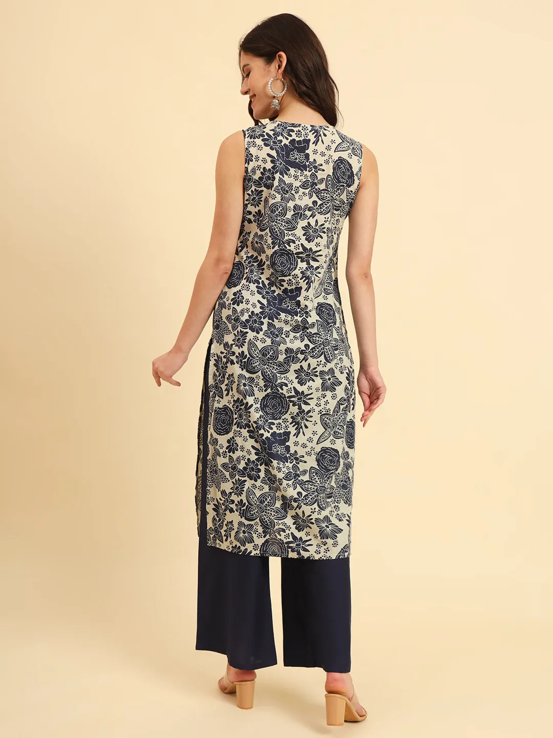Navy Printed Cotton  Kurti Top (Top Only)