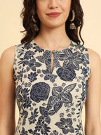Navy Printed Cotton  Kurti Top (Top Only)