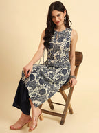 Navy Printed Cotton  Kurti Top (Top Only)