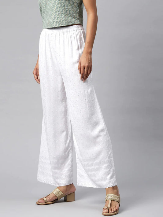 White Rayon Embroidered Palazzo Pants