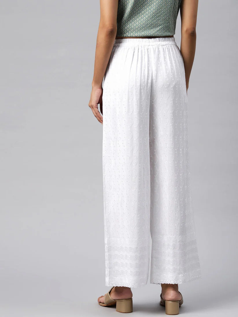 White Rayon Embroidered Palazzo Pants