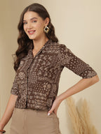 Brown Cotton Floral Printed Top
