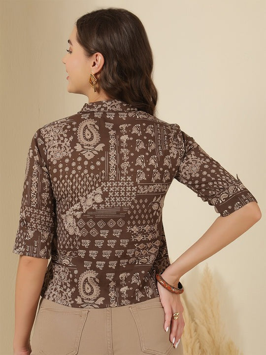 Brown Cotton Floral Printed Top