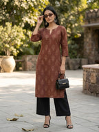Brown Botanic Printed cotton kurtitop (Top Only)