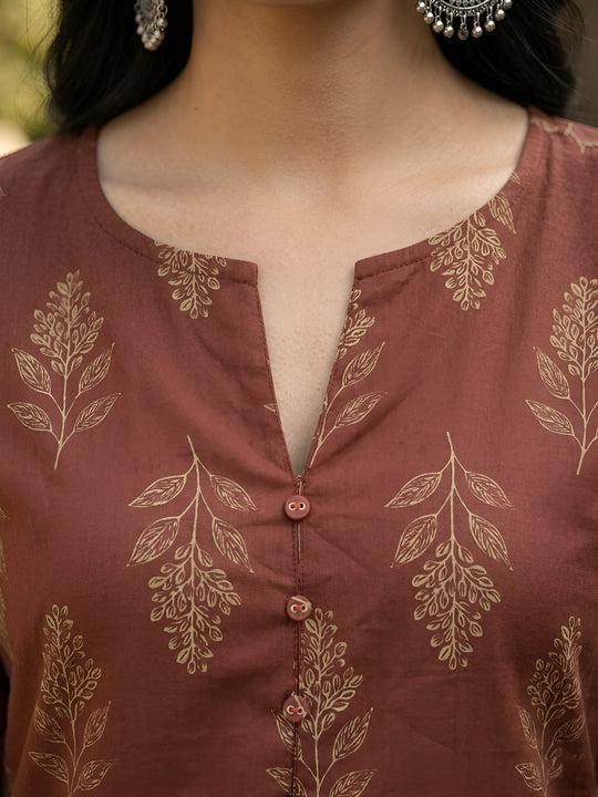 Brown Botanic Printed cotton kurtitop (Top Only)