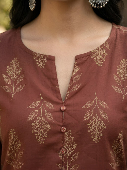 Brown Botanic Printed cotton kurtitop (Top Only)