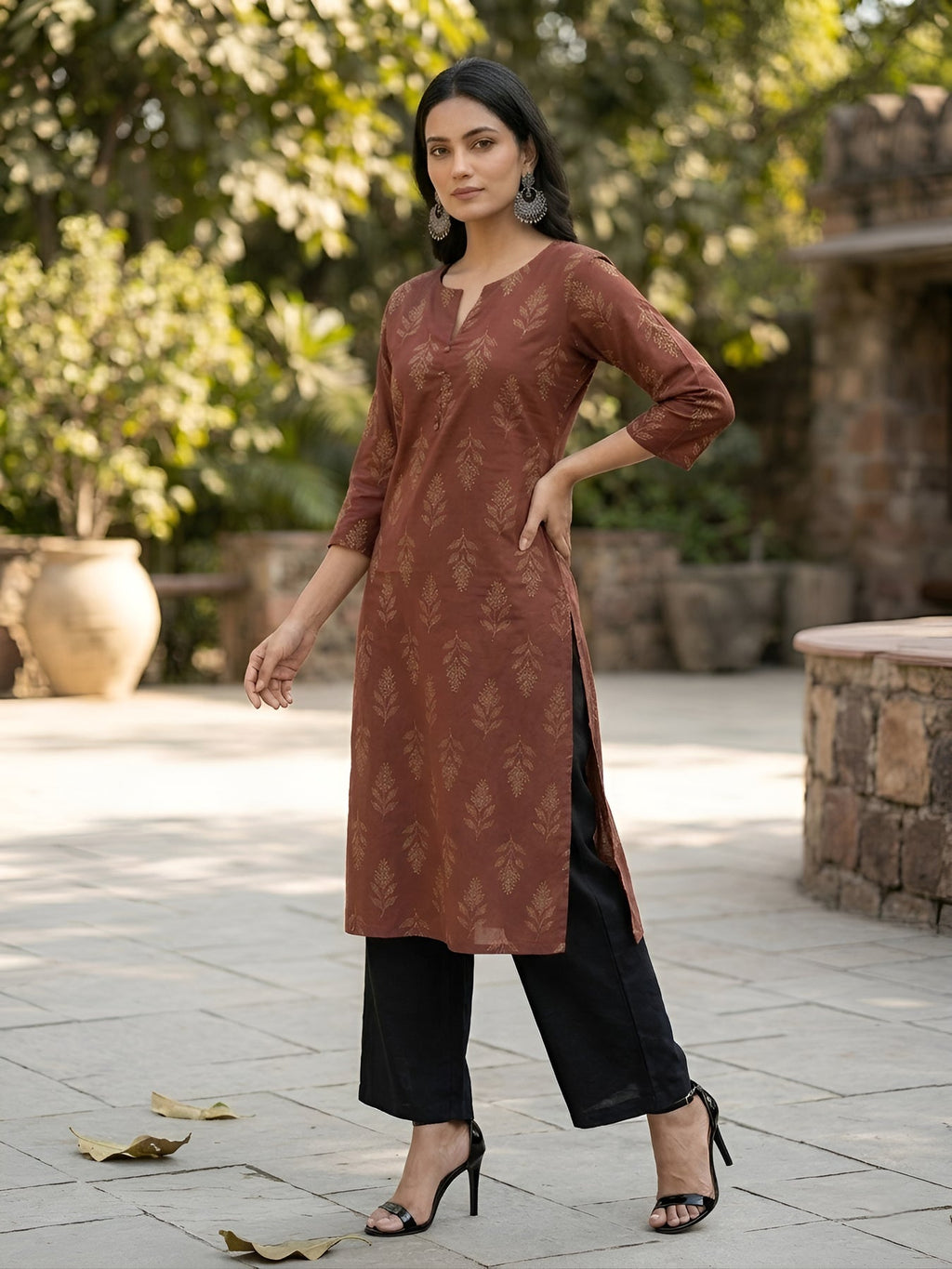 Brown Botanic Printed cotton kurtitop (Top Only)