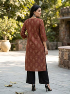 Brown Botanic Printed cotton kurtitop (Top Only)