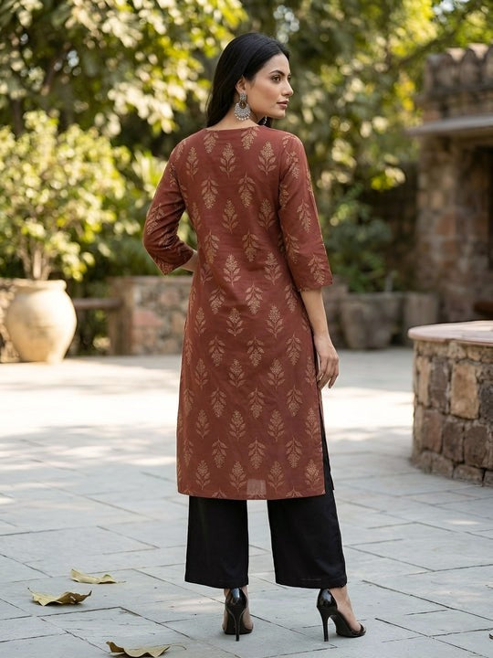 Brown Botanic Printed cotton kurtitop (Top Only)