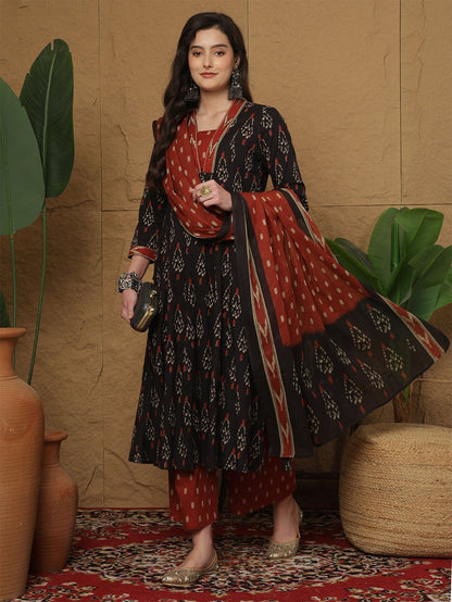 Black & Rust Printed cotton  Kurti Set