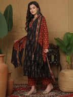 Black & Rust Printed cotton  Kurti Set