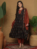 Black & Rust Printed cotton  Kurti Set