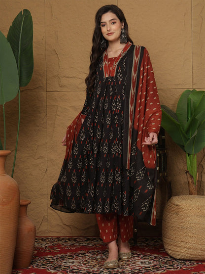 Black & Rust Printed cotton  Kurti Set