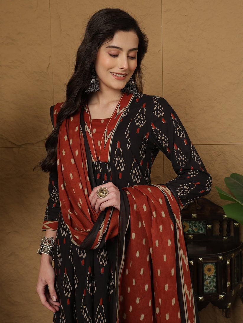 Black & Rust Printed cotton  Kurti Set