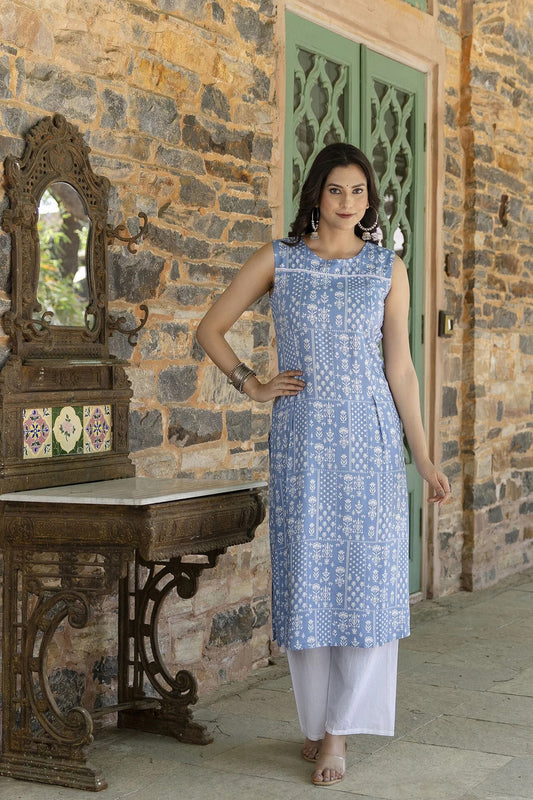 Sky Blue White Printed Cotton  Kurti Top (Top Only)