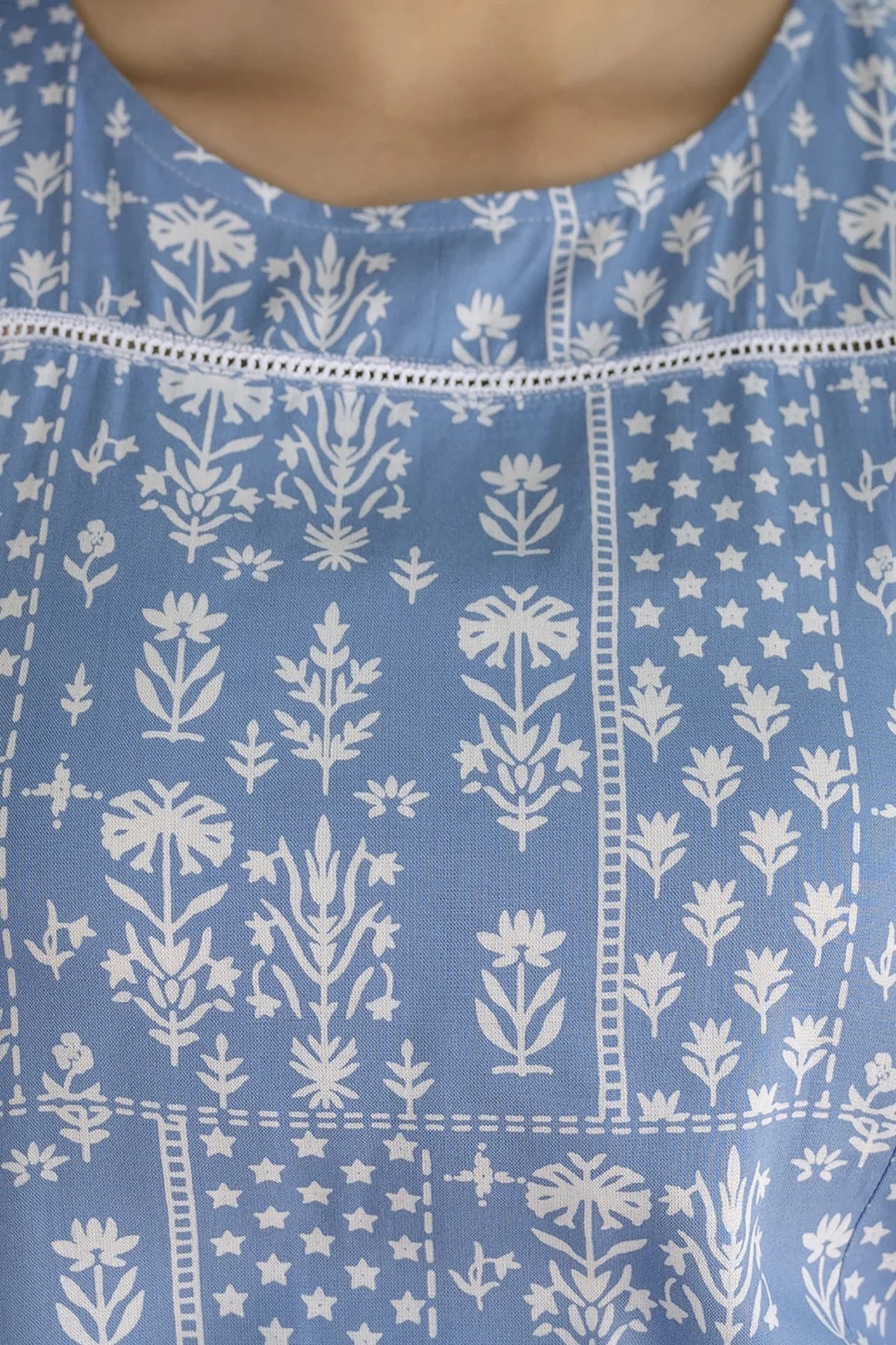 Sky Blue White Printed Cotton  Kurti Top (Top Only)