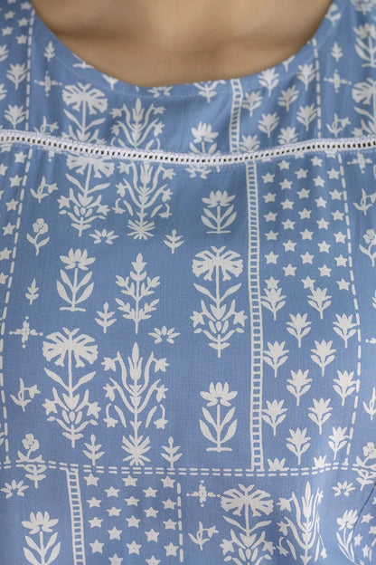Sky Blue White Printed Cotton  Kurti Top (Top Only)