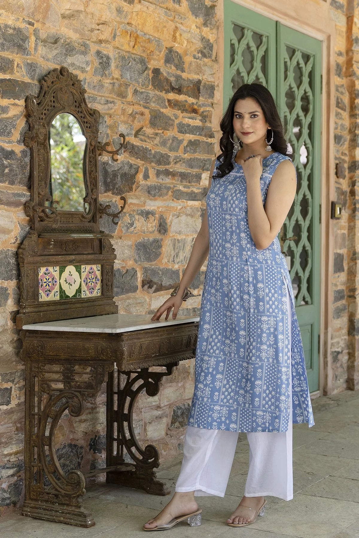 Sky Blue White Printed Cotton  Kurti Top (Top Only)