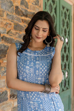 Load image into Gallery viewer, Sky Blue White Printed Cotton  Kurti Top (Top Only)
