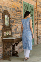 Sky Blue White Printed Cotton  Kurti Top (Top Only)