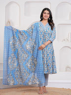 Blue cotton printed flared kurti set