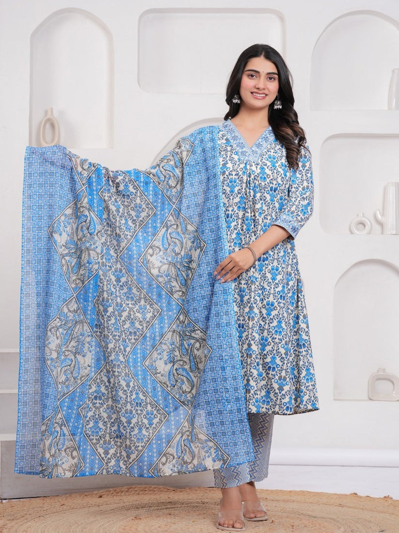 Blue cotton printed flared kurti set
