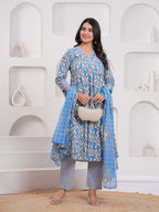 Blue cotton printed flared kurti set