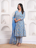 Blue cotton printed flared kurti set