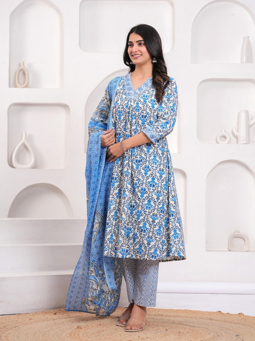 Blue cotton printed flared kurti set