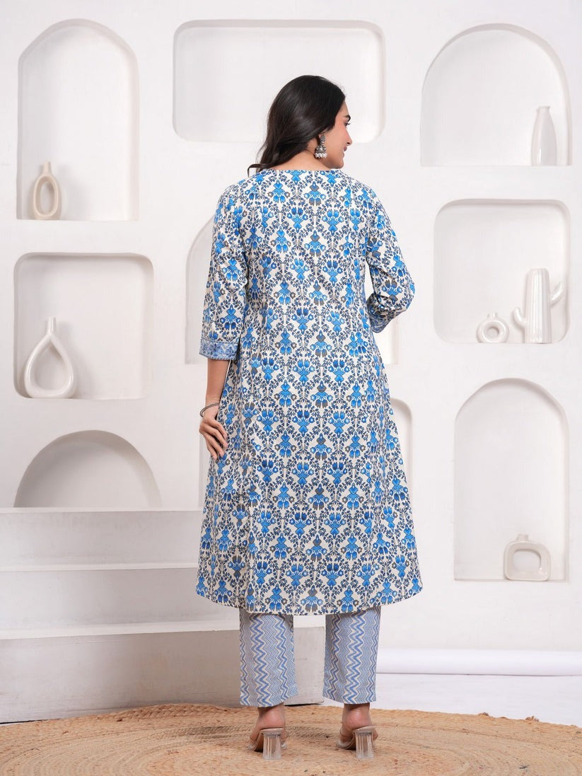 Blue cotton printed flared kurti set