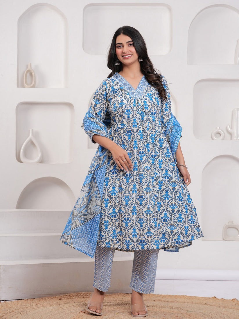 Blue cotton printed flared kurti set
