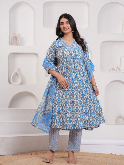 Blue cotton printed kurti set