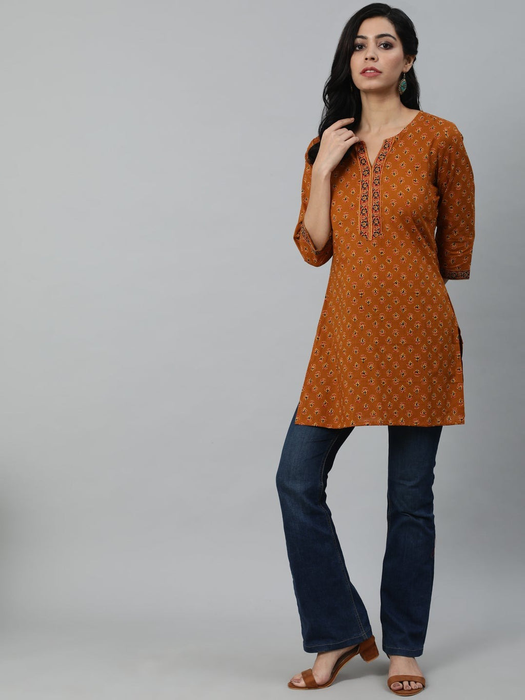 Brown Printed Soft Cotton Short Kurti Top