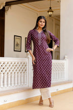 Ethnic Motif Printed Cotton Kurti Top (Top Only)