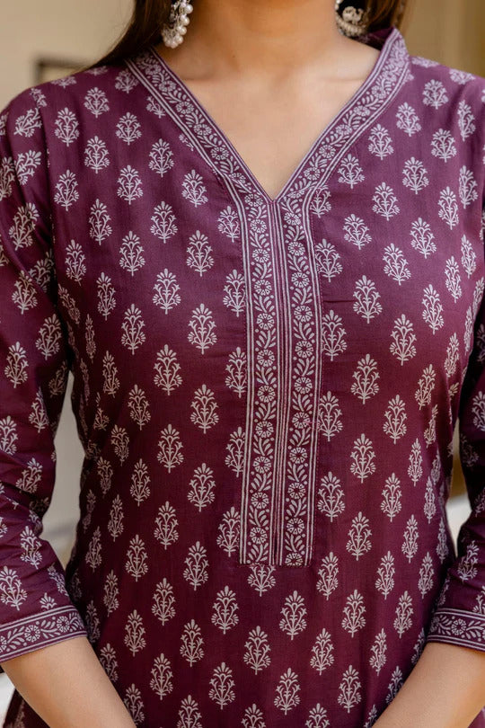 Ethnic Motif Printed Cotton Kurti Top (Top Only)