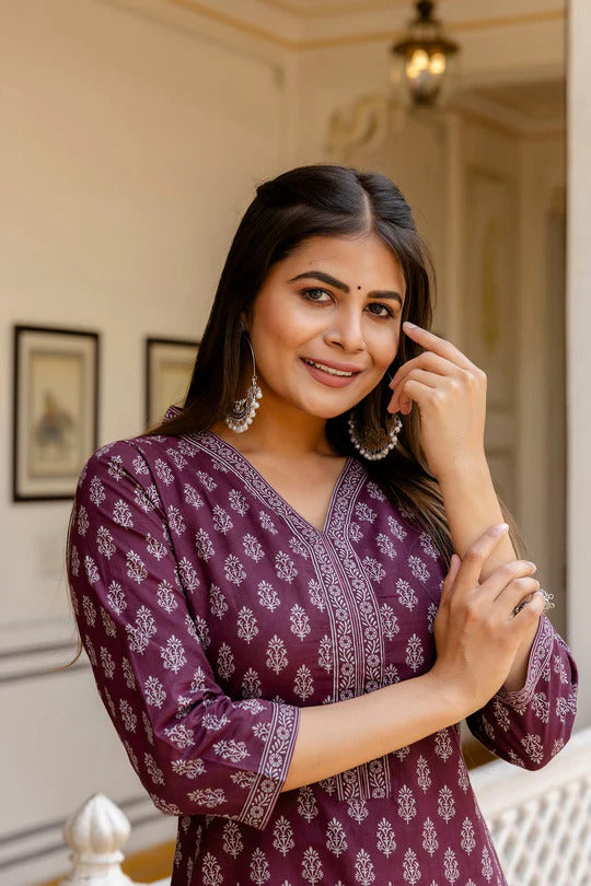 Ethnic Motif Printed Cotton Kurti Top (Top Only)