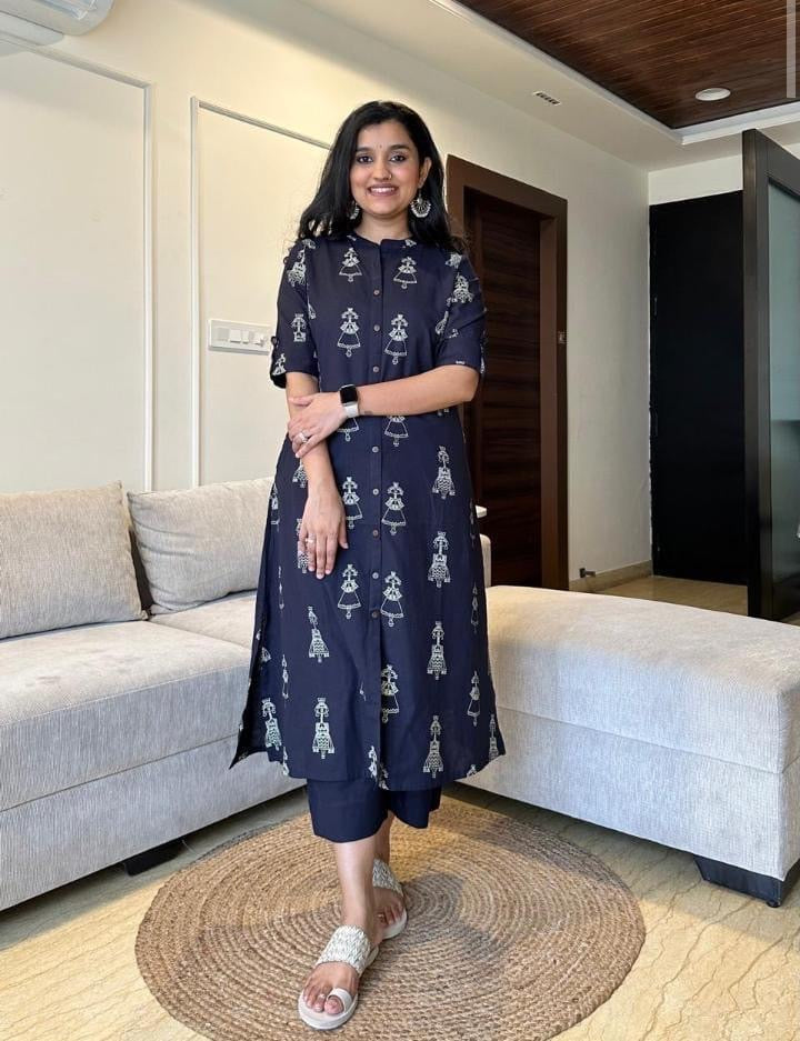 Navy Blue Printed Cotton Kurti Plazoo Set