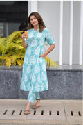 Turquoise Floral Printed Cotton Co-Ord Set