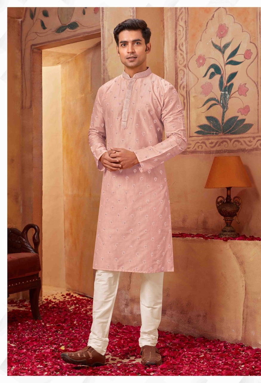Cotton Silk Embroidered Men's Kurta Pajama Set