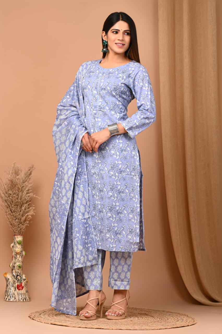 Light blue cotton printed kurti set