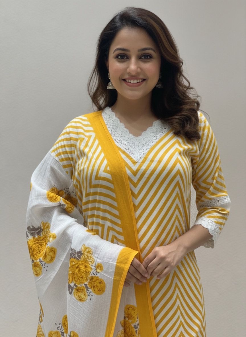 Pure Cotton Printed Lace Embroidered  Kurti Set