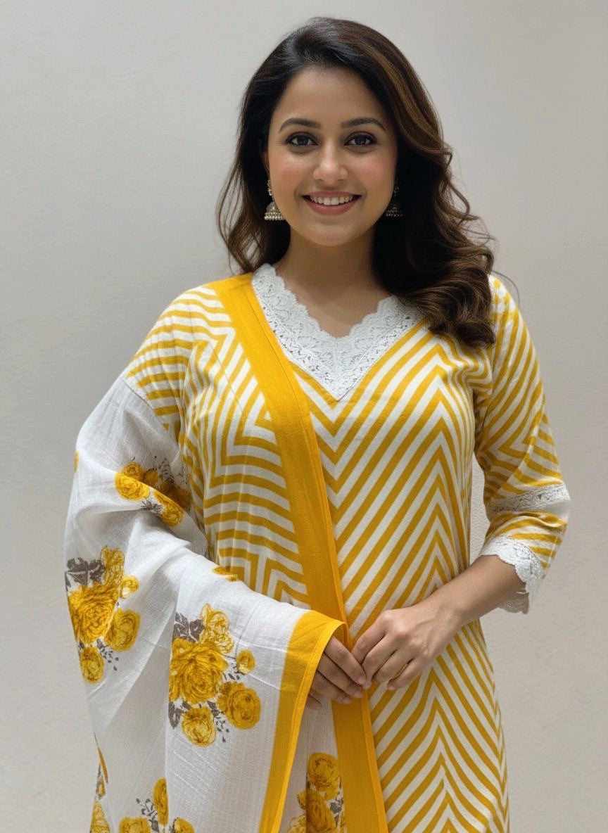 Pure Cotton Printed Lace Embroidered  Kurti Set