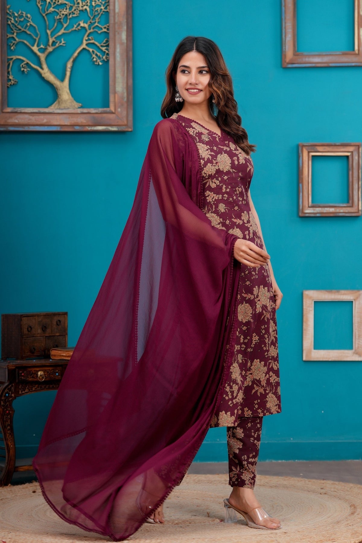Maroon Printed Pure Cotton Kurti Set