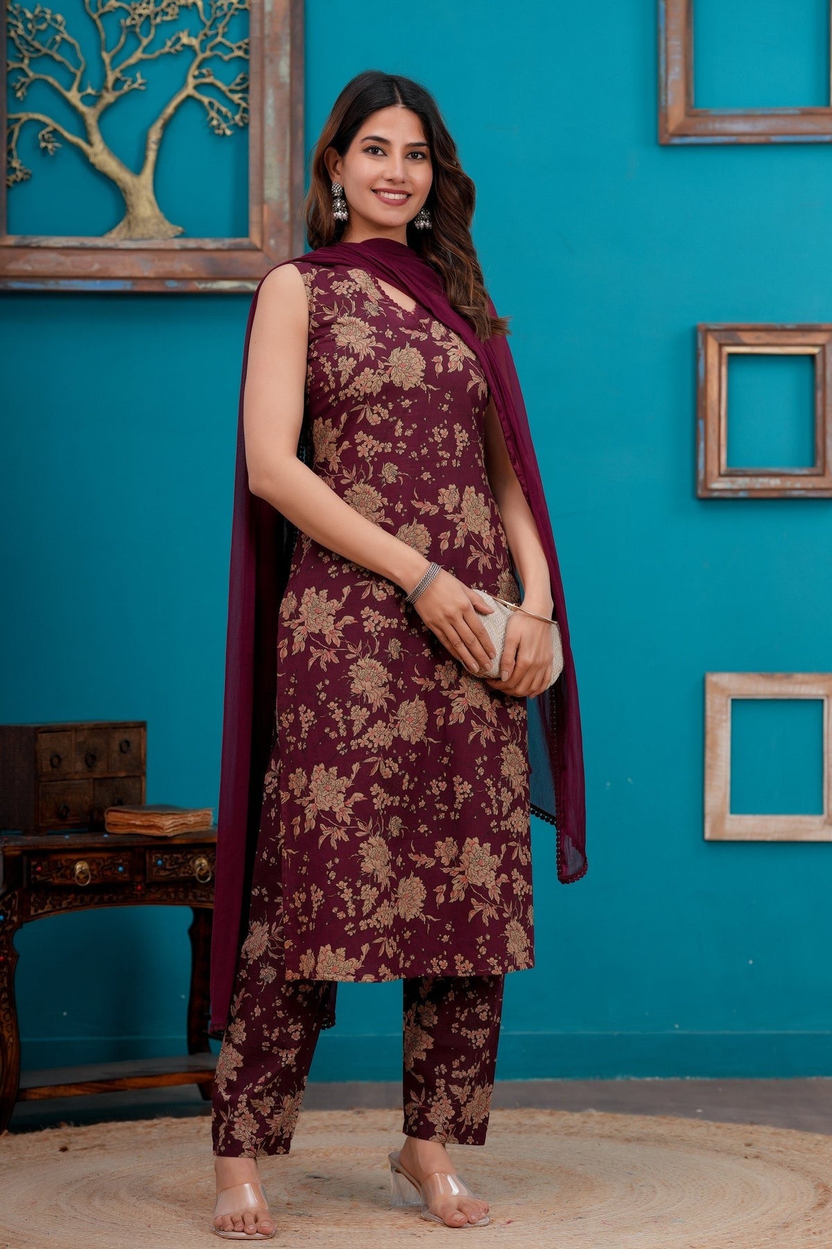 Maroon Printed Pure Cotton Kurti Set