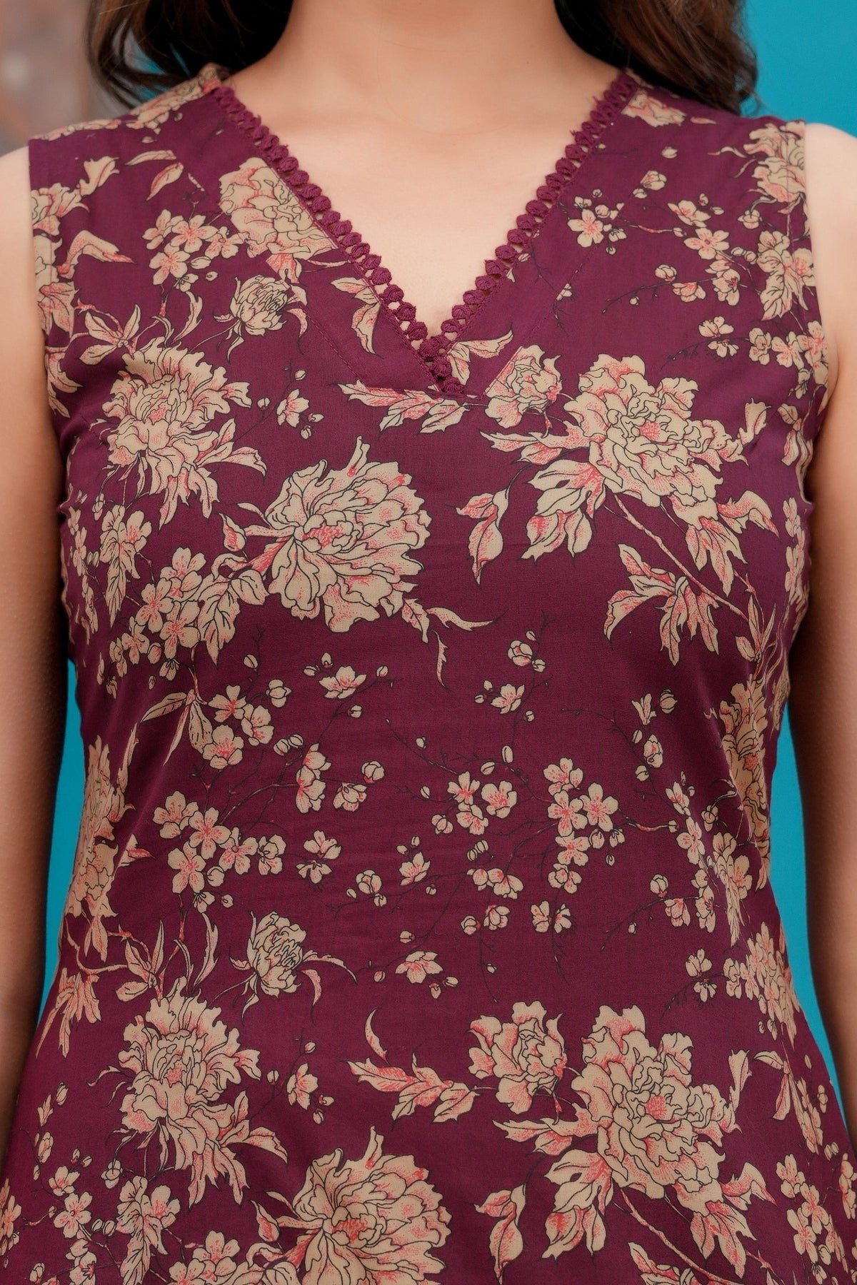 Maroon Printed Pure Cotton Kurti Set