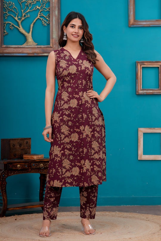 Maroon Printed Pure Cotton Kurti Set